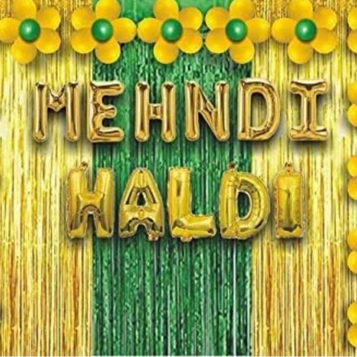 Haldi -Mehndi Decoration Kit - 1 Mehndi Foil, 1 Haldi Foil ,2 Golden Curtains ,1 Green Curtains , 15 yellow and 15 green balloons (pack of 35)