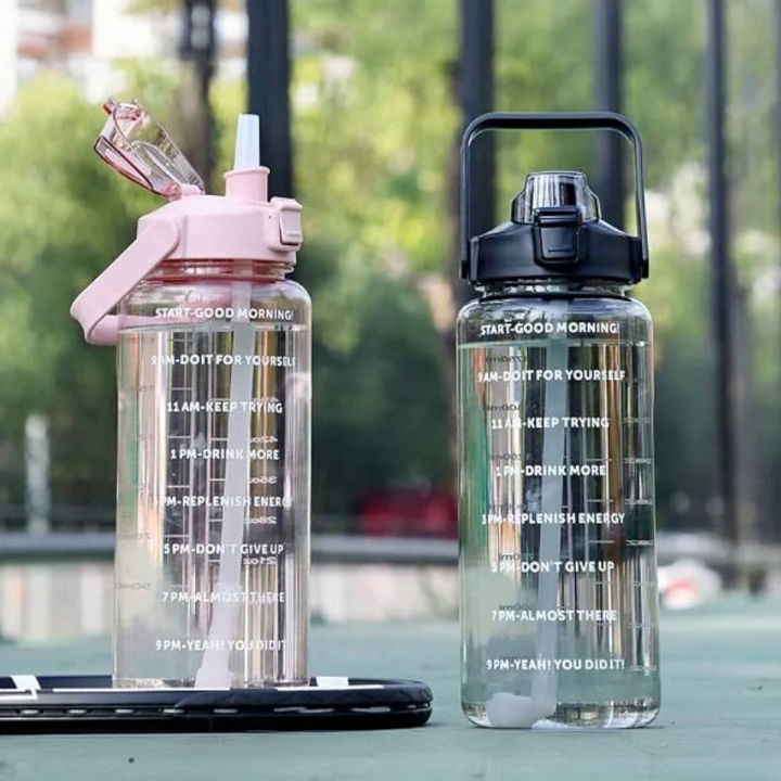 2 Liters Water Bottle With Straw Portable Travel Bottles Fitness Motivational Big Gym Bottle
