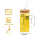 Delph Square Airtight Glass Bottle Bamboo Lid and Glass Straw | 350ml | Beer Can Glasses Tumbler for Fruit Juice Milk Soda Iced Tea Coffee Hot & Cold Mug. 