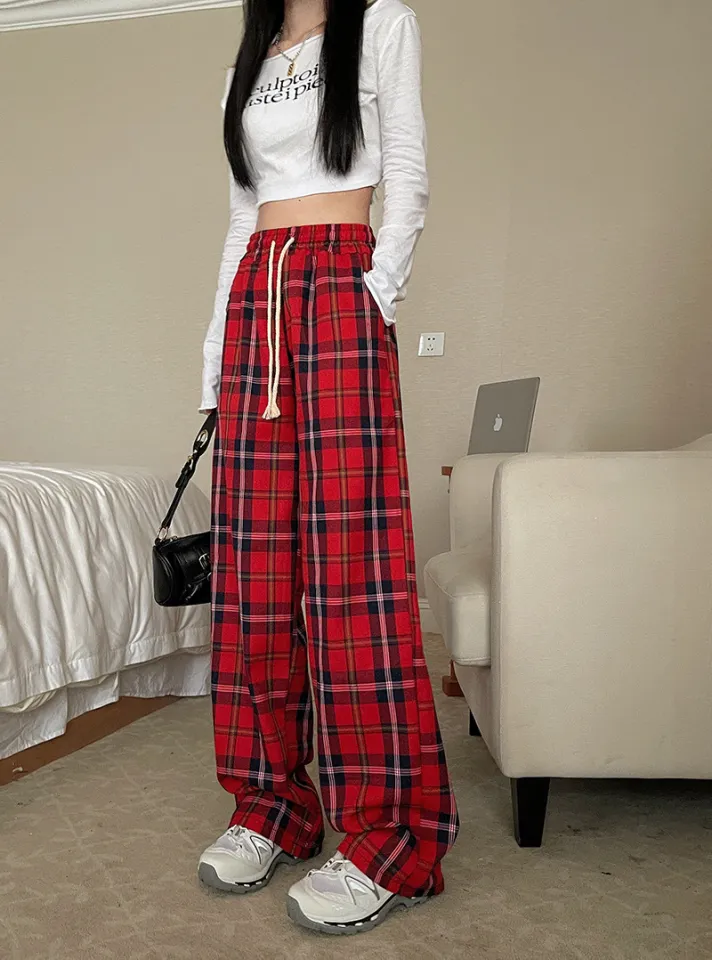 Wide Leg High Waisted Red Tartan Trousers Buy Love Roses Red High