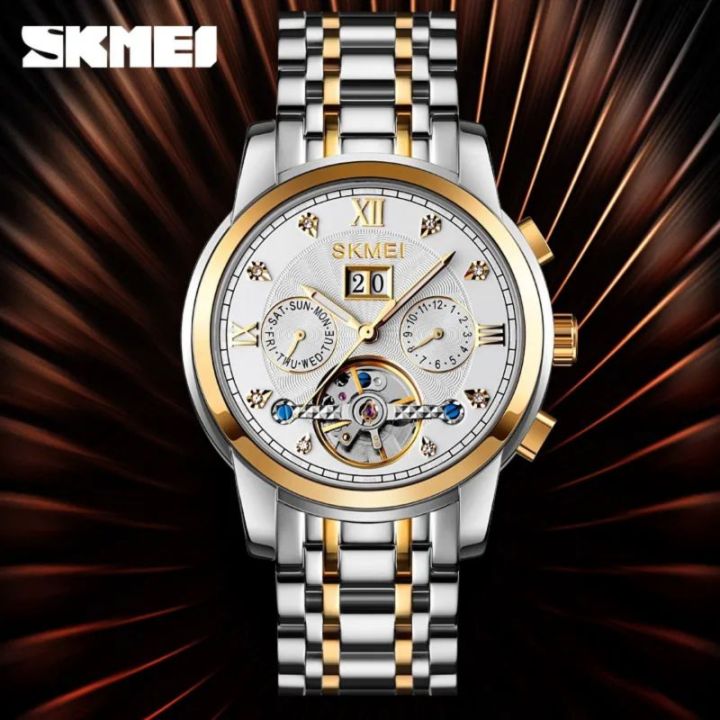 Skmei%20M029%20Men's%20Mechanical%20Creative%20Dial%20Automatic%20Day%20Date%20Display%20Luminous%20Stainless%20Steel%20Watch%20-%20Silver/Golden%20-%20Image%204