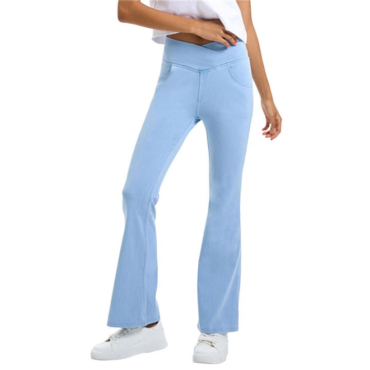 Women Crossover High Waisted Stretchy Bootcut Jeans Slim Fit Denim Yoga Leggings with Pockets Light Blue XXL