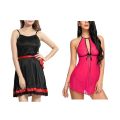 Fancyra Set Of 2 Women Lingerie Net Solid Above Knee Baby Doll With G String Panty And Robe Free Size Black And Pink Color. 