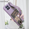 Hontinga for Realme 8 4G 8 Pro Back Cover Wrist Strap Cute Bear Printed Square Liquid Silicone Phone Case. 