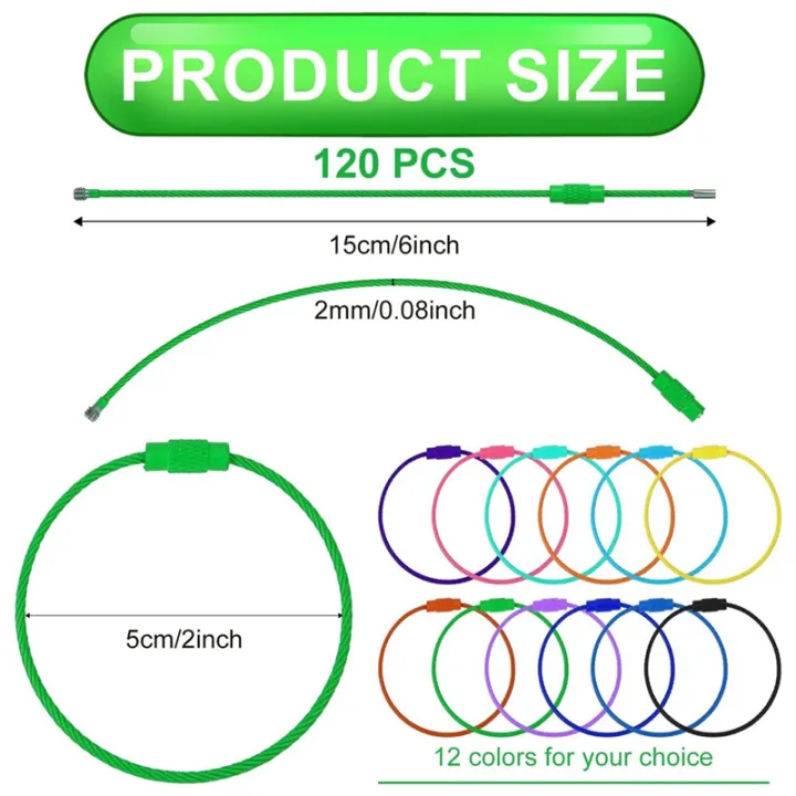 120Pcs%20Wire%20Key%20Rings%20Cable%20Wire%20Key%20Chain%20with%20Screw%20Lock,%206%20Inch%20for%20Outdoor%20Hiking%20(12%20Colors)%20-%20Image%202