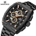 NaviForce NF8066 Fashion Barrel Shape Hollow Design Dial Multifunction Stainless Steel Watch For Men - Rosegold/Black. 
