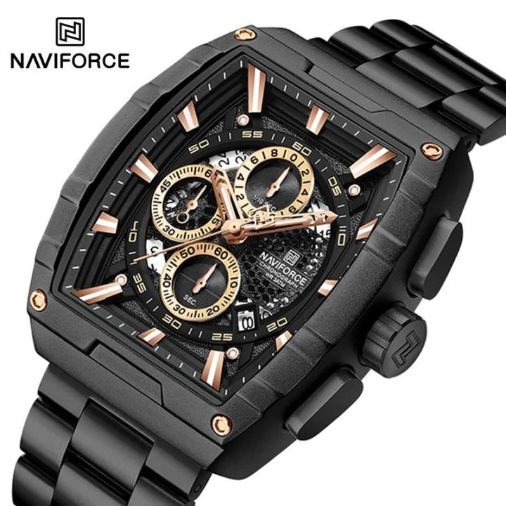 NaviForce NF8066 Fashion Barrel Shape Hollow Design Dial Multifunction Stainless Steel Watch For Men - Rosegold/Black