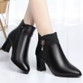 Fashion Ankle Boots Women's Black Pointed Toe High Heels Autumn and Winter Chunky Heels Rhinestone Leather Boots Bota Feminina. 