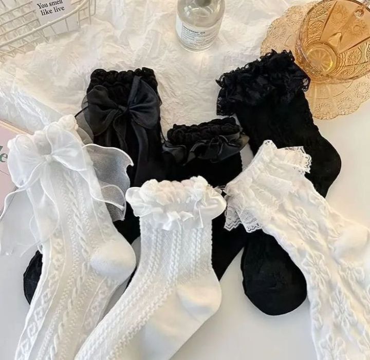 Socks%20For%20Women%20Summer%20Cotton%20Blend%201%20Pair%20Ruffle%20Bowknot%20Cute%20Casual%20Style%20Black%20and%20White%20-%20Image%206