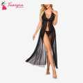 Fancyra Sexy Lingerie Lace Babydoll High Split Maxi Long Gown  Dress With G String Panty Free Size Black Color. 