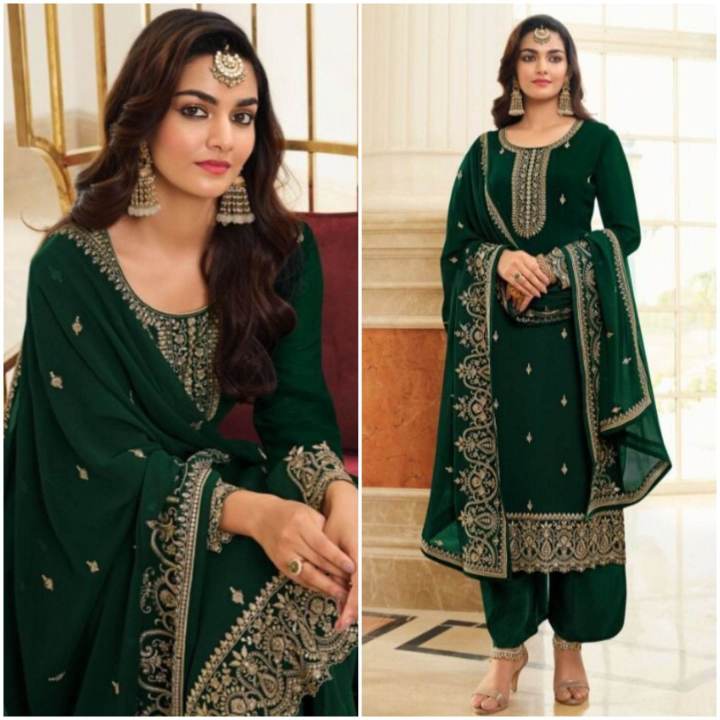 Dark Green Georgette Unstitched Partywear Kurta Surwal Piece For Women