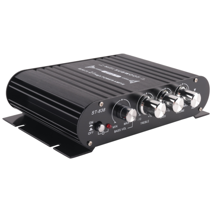 -838 HIFI Amplifier 2.1 Channel Car MP3 Mini Amp AUX Input High and Low Bass Adjustment Super Bass 20Wx2+40W Amplifier Easy to Use