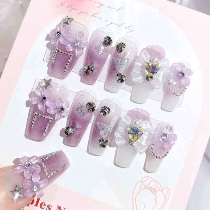 Fairy%20Flower%20Nails%20with%20White%20Bow%20Crystal%20Design%20Korean%20Sweet%20Style%20Nails%20for%20Lady%20Girls%20Artificial%20Nails%20Handmade%20-%20Image%203