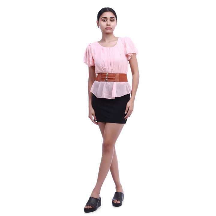 Black/Pink Color Chiffon Round Neck Half Sleeves Dress With Belt Set For  Women