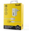 Budi 2 pin Home Charger  and ANDROID, EU plug and 2 USB port, with 1.2M Lightning Cable. 