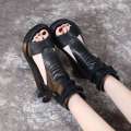 2025 New Bohemian Womens Leather Sandals - Retro Brown Chunky Wedge Peep-Toe Ankle Wrap Espadrille Summer Shoes. 