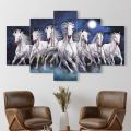 5 Panel Seven White Horse Force running on dark night on river matte canvas cotton print tightly wrapped in wooden frame | HQ | Great significance in vastu | XS | Not stickers nor forex board. 