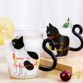 NAMUNY Cute Kitty Glass Water Cup Cat Tail Handle Mug Milk Tea Coffee Fruit Juice Mug Drinkware Home Office Lovers Cup -White. 