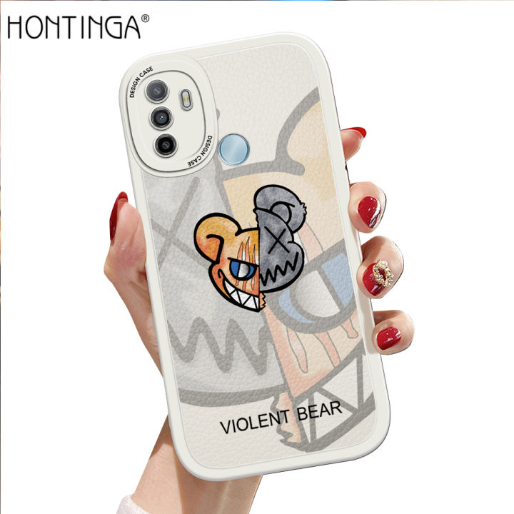 Hontinga for OPPO A53 2020 A33 2020 Back Cover PU Leather Fashion Bear Print Soft Silicone Edge Phone Case