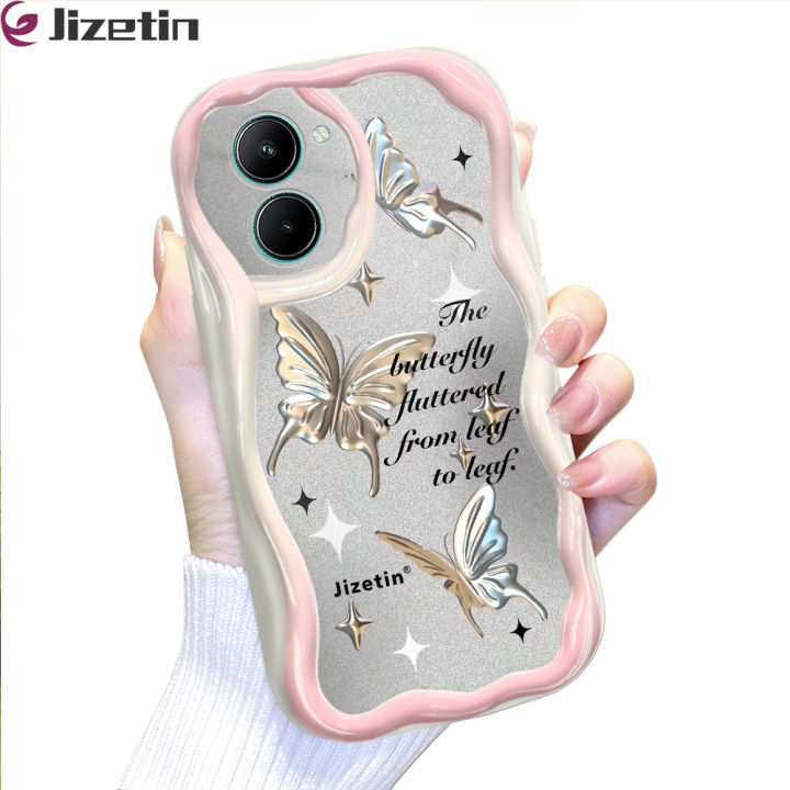 Jizetin for Realme C33 Back Cover Golden Butterfly Cream Wavy Edge Soft Silicone Phone Case