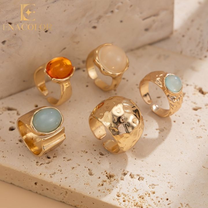 Enacolor 5Pcs/Set Vintage Gold Metal Opal Colorful Rings Set for Women Fashion Jewelry Accessories Finger Opening Rings Ins New