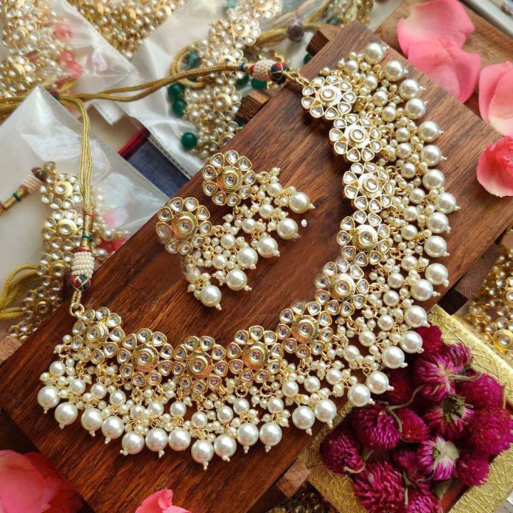 Jewels of Nepal Brass Made Faux Kundan & Beads Beaded Necklace & Earrings Set for Women