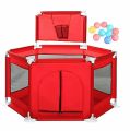 Hexagonal Play Yard for Kids with Basketball Loop- RED (3M-10Y). 