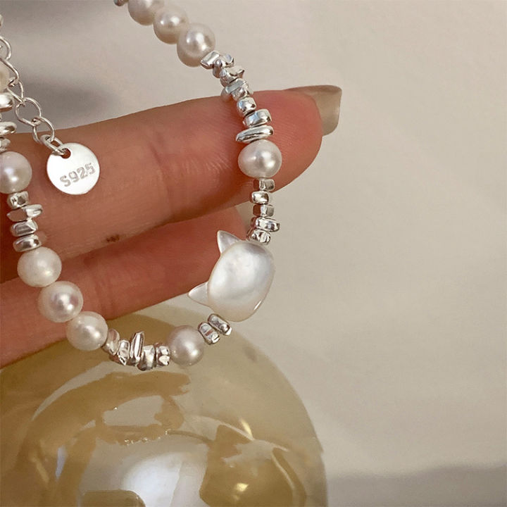 【Mega Sale】Natural Pearl Silver Cat Female Girl Style Niche Luxury Cute Hand Jewelry