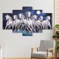 5 Panel Seven White Horse Force running on dark night on river matte canvas cotton print tightly wrapped in wooden frame | HQ | Great significance in vastu | XS | Not stickers nor forex board. 