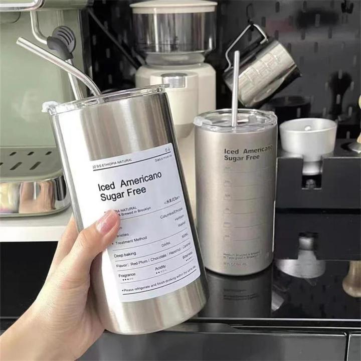 Water Bottle, Coffee Cup, Cup Straw Reusable Thermos Flask, Coffee Cup 304 Stainless Steel Double Layer, Portable American InsIce