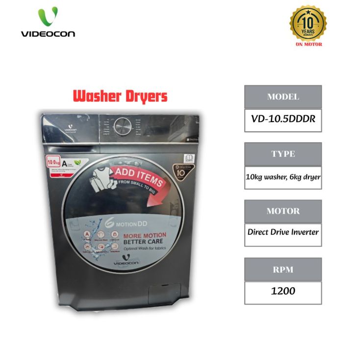Videocon 10/6 Kg Washer Dryer Front Loading Fully Automatic Washing Machine With Direct Drive Inverter Motor (VD-10.5DDDR)