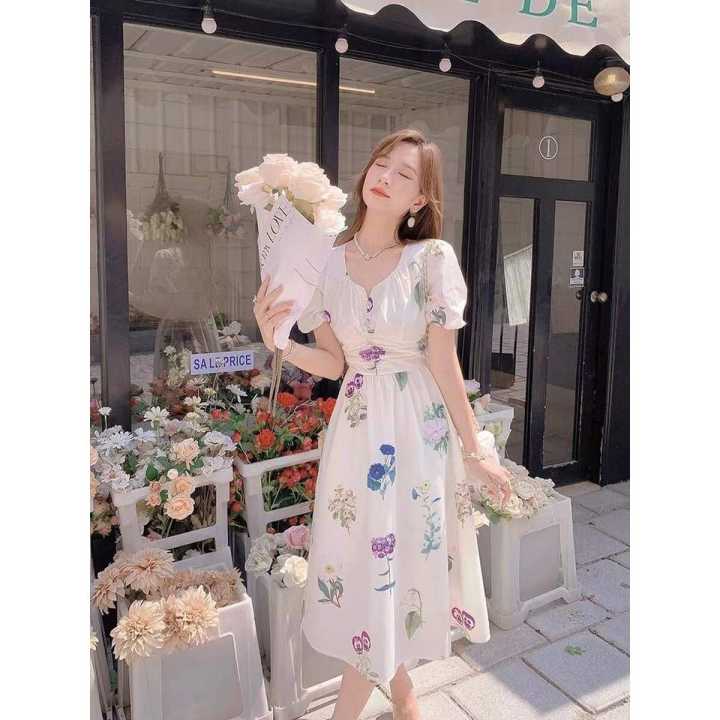 Off White Puff Short Sleeve Printed V-Neck Vintage Temperament Bohemian Floral Fairy Dress For Women