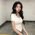 Women Short Sleeve Square Neck T-Shirt Summer Irregular Hem Slim Casual Bottom TopsNIUMAO. 