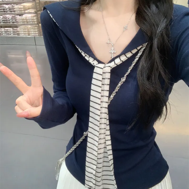 Korean%20Style%20College%20Style%20Navy%20Collar%20Striped%20Ribbon%20Long%20Sleeve%20T-Shirt%20for%20Women%20with%20Unique%20Design,%20Slimming%20Base%20Shirt%20for%20Spring%20and%20Autumn%20-%20Image%206