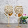 Golden Round Crystal Candle Holder For Decoration 6.5 Inch Height. 