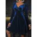 Blue Plain V-Neck Velvet Onepiece Dress For Women - Fashion | One Piece For Women | Women'S Wear | One Piece |. 