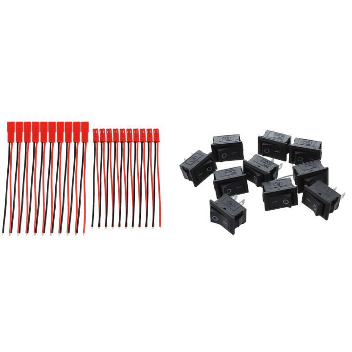 fasdaga 10 Pcs SPST Mini Black 2 Pin Rocker Switch AC 125V 10A 250V 6A with 10 Pairs 2 Pin JST Plug Socket Connector