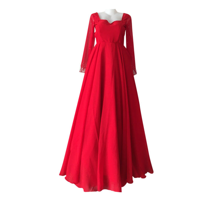 Chiffon Crepe Umbrella Gown With Hand Work in Sleeves For Women Red Fashion Party Wear Gown For Women Daraz .np