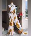 Flower Print Chiffon Saree For Women | White Brown Flower Printed Chiffon Saree For Women | Saree For Women. 