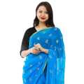 Sky Blue Chiffon Floral Embroidered Golden Border Design Saree For Women. 