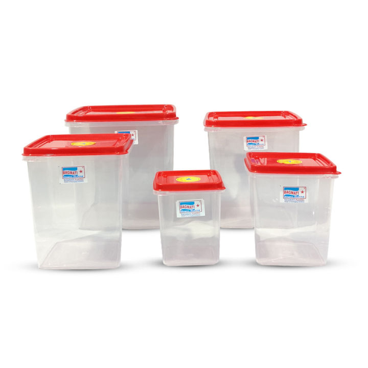 Bagmati Set Of 5 Big Sized Rectangular Plastic Container | Multipurpose Transparent Plastic Container With Air Tight Lid - 5 Pcs
