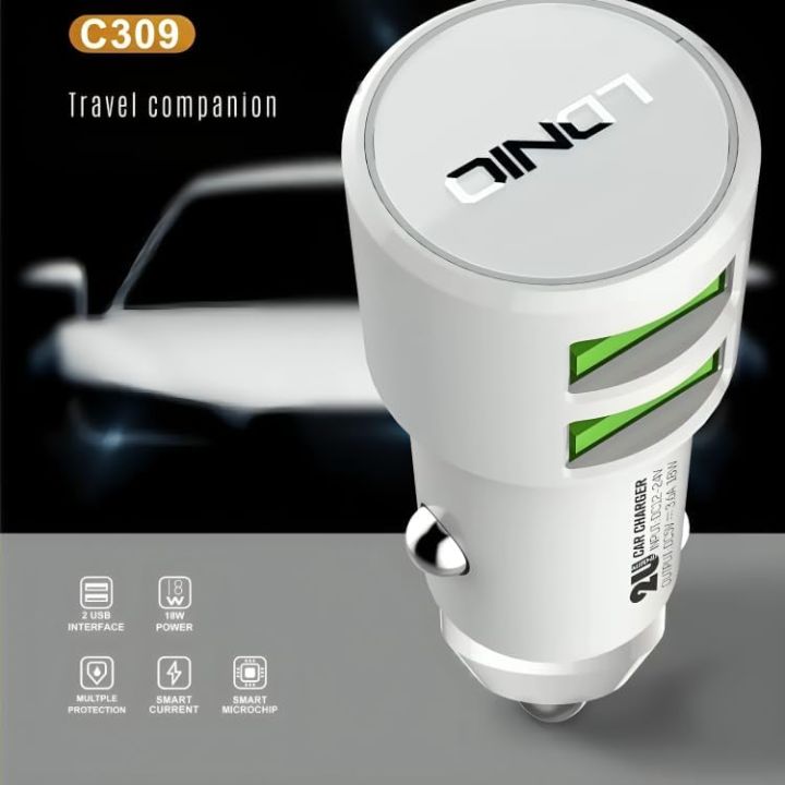 LDNIO C309 Fast Car Charger 18W With 2USB Port , White Light Ring , Auto-ID USB , ABS Fire Proof Material with Lightning Cable - White