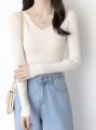 T-Shirt For Women All-Season Ribbed Knit Casual V-Neck Full Sleeve Top Multiple Colors. 
