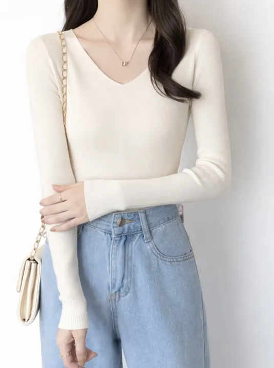 T-Shirt%20For%20Women%20All-Season%20Ribbed%20Knit%20Casual%20V-Neck%20Full%20Sleeve%20Top%20Multiple%20Colors%20-%20Image%205