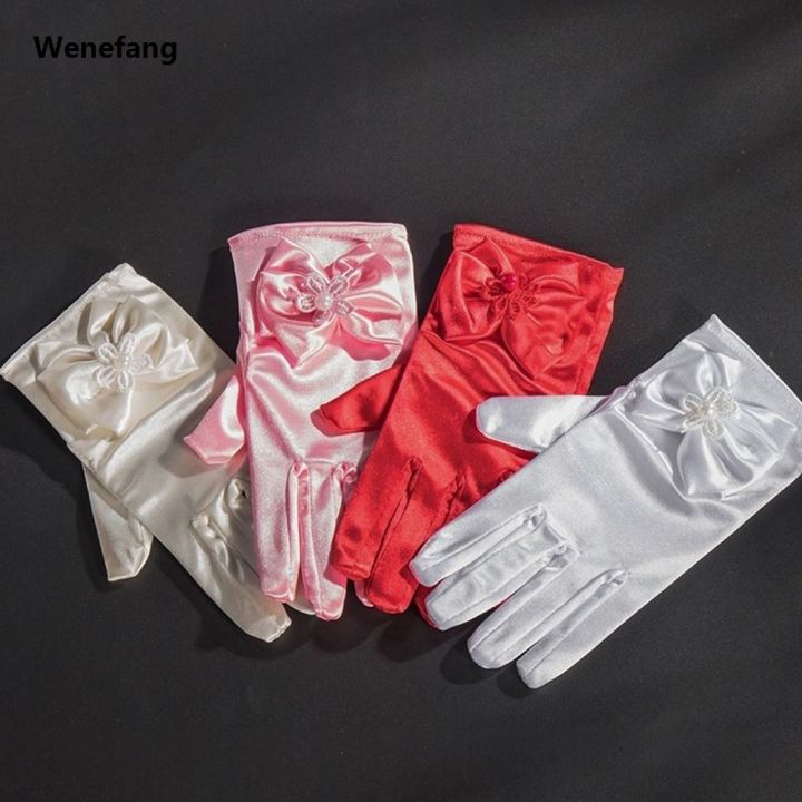 Wenefang 1Pair Girl Etiquette Performance Glove Satin Pearl Flower Lace Bow Short Children Princess Wedding Dress Dance Mitten