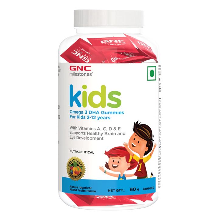 GNC Kids Omega 3 DHA- 60 Gummies (Mix Fruits Flavor) For 2-12 Years Kids With Support Healthy Brain & Eye Development