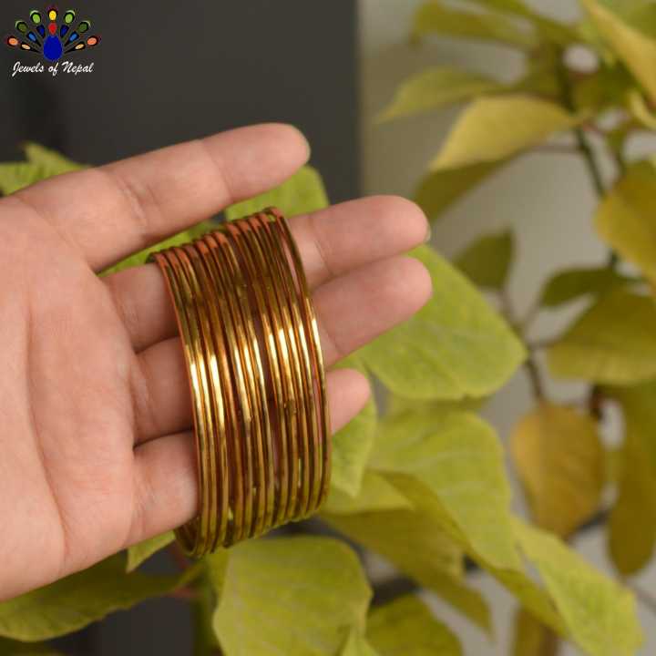 Jewels of Nepal Antique Golden Toned Metallic Set Bangles For Women- Set of 12 pcs