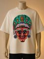 Traditional Lakhey Mask Maroon | Printed Graphic T-Shirt | Brown, Maroon, Cream. 