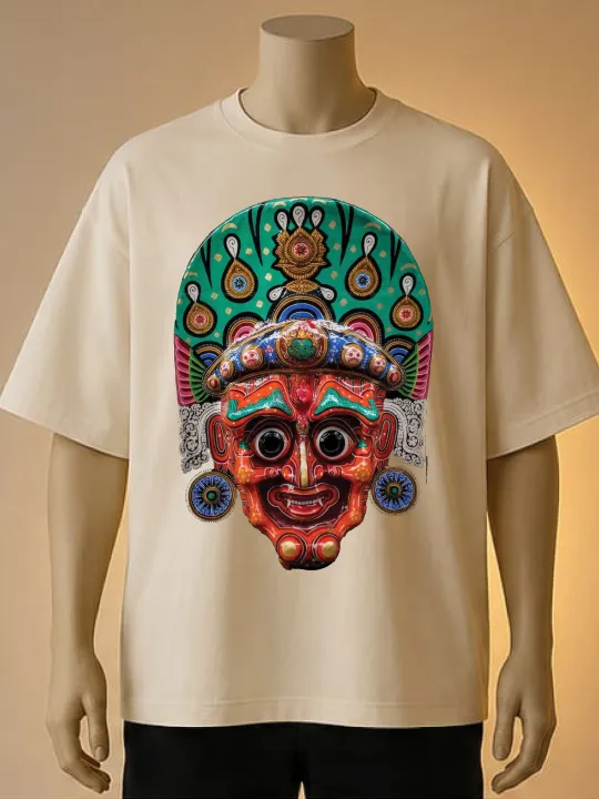 Traditional%20Lakhey%20Mask%20Maroon%20%7C%20Printed%20Graphic%20T-Shirt%20%7C%20Brown,%20Maroon,%20Cream%20-%20Image%202