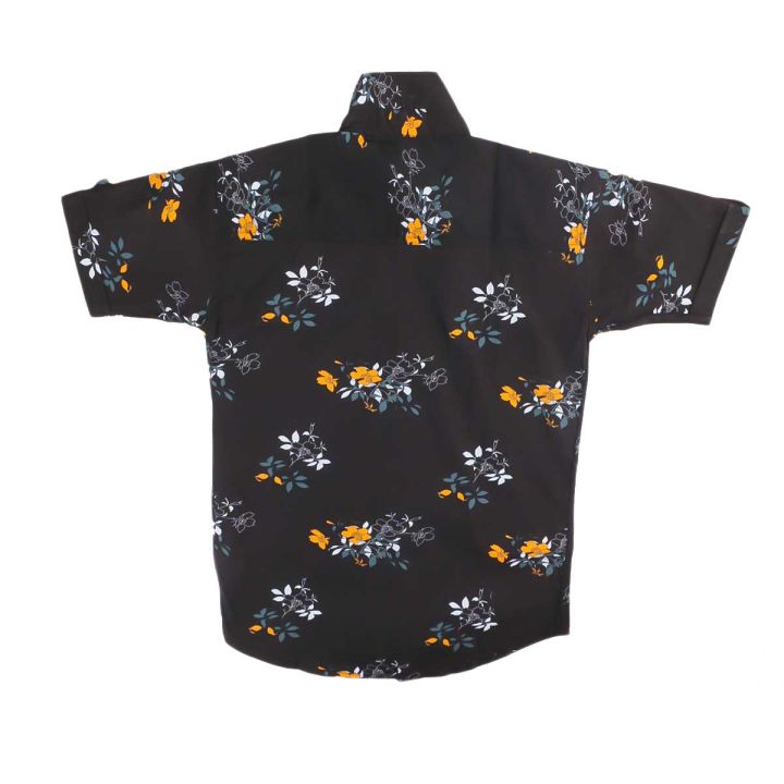 Black  With Yellow Flower Printed  Half Shirt For Men By Wiser Mine